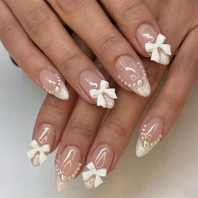 Produktbild von Künstliche Nägel Mandelform Weiße French Manicure mit Schleife & Perlen