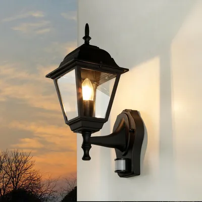 Produktbild von Wandlampe außen Garten Haus IP44 Bewegungssensor Schwarz E27 Glas Aluminium Rustikal Außenwandleuchte