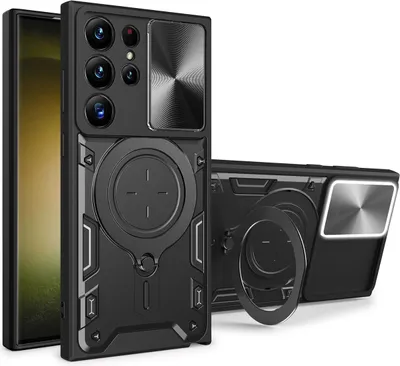 Produktbild von Handyhülle für Samsung Galaxy S24 Ultra Dual-Layer Stoßfest Rüstung Hülle mit Dia Kameraschutz und Kreisförmig Ring Ständer Schwarz