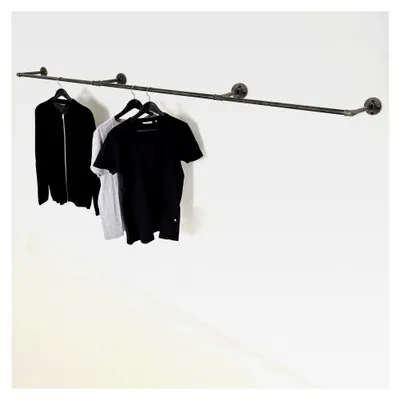 Produktbild von Kleiderstange zur Wandmontage in Schwarz - Garderobenstange in verschiedenen Größen, z.B. 275 x 28 cm - Handgefertigte Garderobe im Industrial-Stil - Wandhalterung aus Metall - Teleskop-Kleiderstange in U-Form