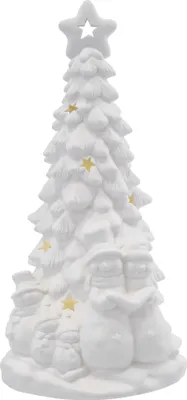 Keramischer LED-Baum mit Schneemännern, 33,5 cm, 2x AA, Innen, warmweiss