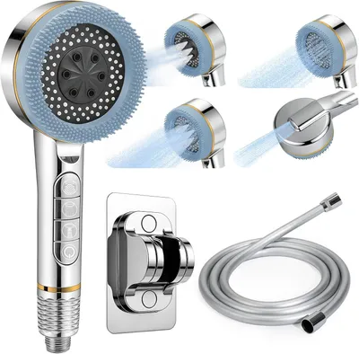 Immagine prodotto di Doccia ad alta pressione con filtro - 4 tipi di getto massaggio, soffione doccia, erogatore manuale, soffione doccia a risparmio idrico, con tubo flessibile da 1-5 metri e supporto (blu)
