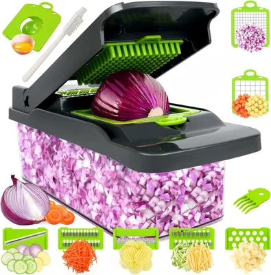 Produktbild von Gemüseschneider, 15-in-1 Zerkleinerer, Mandoline Gemüsehobel Gemüse Schneider mit 7 Austauschbare Klingen, Kartoffelschneider, Obstschneider