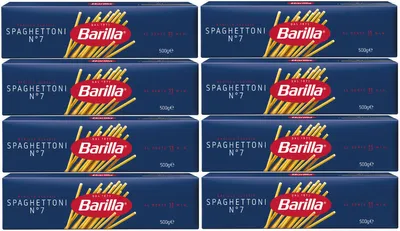 A grid of eight boxes of Barilla Spaghettoni pasta.