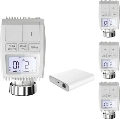 Produktbild von Set mit 4 angeschlossenen Thermostatköpfen LCD-Bildschirm + Zigbee Ethernet-Gateway