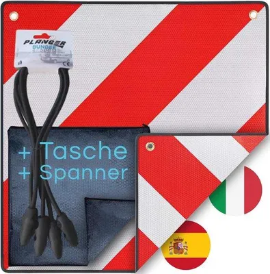 Produktbild von Famanu Warnschild für Fahrradträger und Gepäckträger - 2-in-1 Lösung für Italien und Spanien (50 x 50 cm)