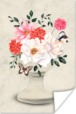 Produktbild von MuchoWow® Poster Schmetterlinge - Blumen - Stilleben 60x90 cm - Wanddekoration