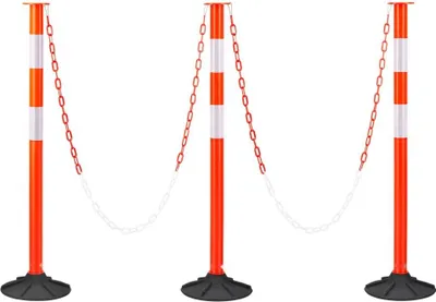 Immagine prodotto di Delineatore di traffico in 3 pezzi (871 mm) con base e catarifrangenti - Paletti di segnalazione per cantieri e parcheggi - Paletti di sbarramento per il controllo della folla con catene e base zavorrata