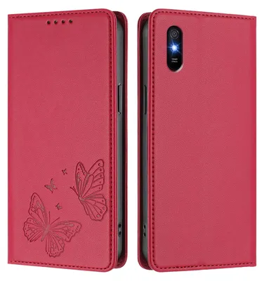 Produktbild von Lederhülle für Xiaomi Redmi 9A, Schmetterling Prägung Leder Brieftasche Schutzhülle mit Ständer Rot