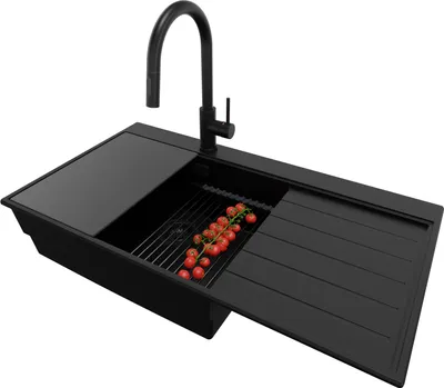 Produktbild von PRIMAGRAN Granitspüle Alles Schwarz 90x50cm, Spülbecken 1 Becken + Ablauf-Set + Küchenzubehörset, Küchenspüle ab 60er Unterschrank - Sydney