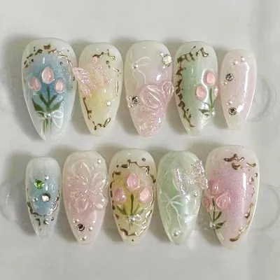 Produktbild von 24 Stück Bunte Fake Nails mit 3D Blumen Schmetterling Design