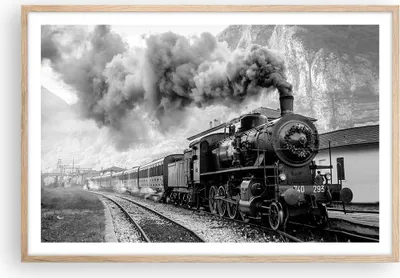 Produktbild von Gerahmtes Poster - Rahmen in heller Eiche - Zug Schwarzweiß Rauch - 91,5x61 cm - Wand Bild - Wanddeko - Wandbilder - Wandposter - Bilderrahmen - Bilder - Kunstdruck - Wandbild - P2NAA91x61-4315