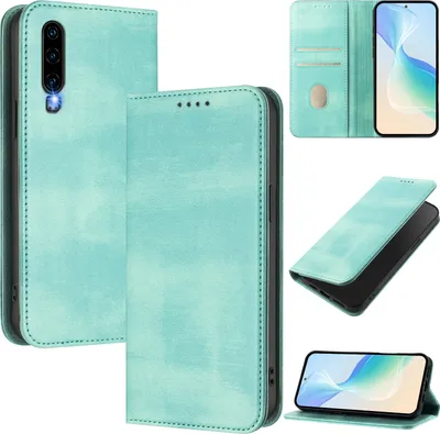 Produktbild von Handyhülle für Huawei P30, Vintage Leder RFID Schutz Kartenfach Standfunktion Magnetische Klapphülle Türkis