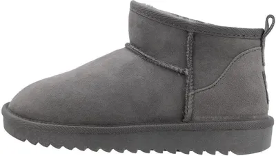 A side view of a gray boot.