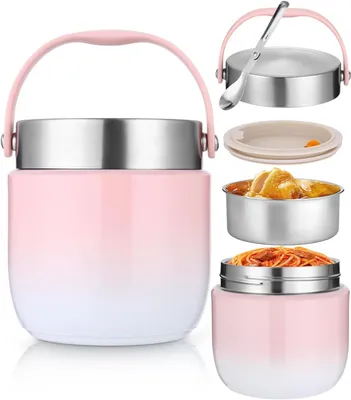 Produktbild von Thermobehälter 1200 ml, Edelstahl mit Deckel & Klapplöffel, hält warm & kalt – ideal für Suppe, Brei, Eis, für Kinder & Erwachsene, rosa