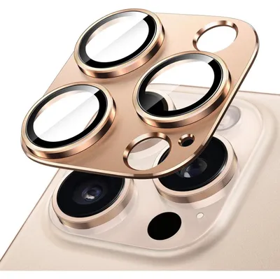 Immagine prodotto di Custodia protettiva per fotocamera di iPhone 16 Pro (6,3 pollici) e 16 Pro Max (6,9 pollici), copertura completa, vetro temperato, placca metallica opaca, finitura "Titanio Sabbia del Deserto", confezione singola