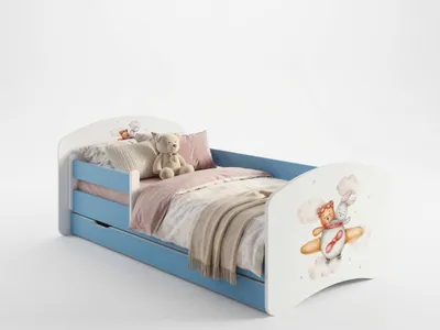 Image de Ensemble complet de lit d'enfant 140 x 70 cm | Lit avec tiroir, matelas et barrière de sécurité | Lit bleu et blanc pour filles et garçons