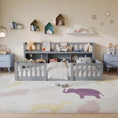 Image de Lit pour enfant ProximaX, dimensions 90x200 cm, gris, en bois massif, avec barrière de sécurité et étagère à la tête de lit