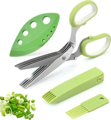 Produktbild von Kräuterscheren-Set, Mehrzweck-Küchenkräuterschneider mit 5 Klingen, Sicherheitsabdeckung und Reinigungskamm zum Schneiden von zerkleinertem Salat, frischem Koriander, frischen Frühlingszwiebeln usw.