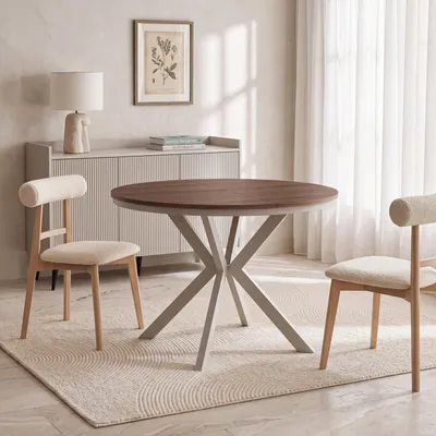 Produktbild von Runder Ausziehtisch Esstisch Ausziehbar mit Metallgestell in Kaschmir Grau – Valio, 100 cm Rund auf 140 cm Erweiterbar – Industrial-Loft-Design Metallbeine, Nussbaum Braun, EU