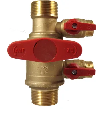 A brass valve with red handles against a white background.