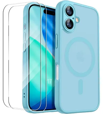 Image de Coque + 2 Verres Trempés pour iPhone 17, Protection avec Anneau Magnétique et Vitre Caméra Antichoc - Bleu