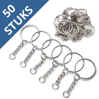 Productafbeelding van Sleutelringen met Ketting - 50 Sleutelhanger Ringen - Splitringen - 25 mm - 50 Stuks