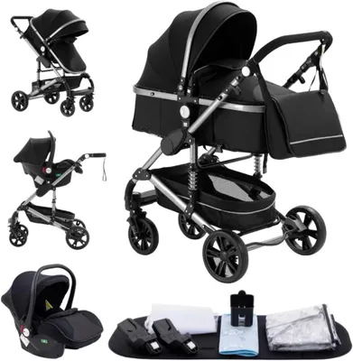 Image de Poussette 3-en-1 - Poussette combinée - Transport de bébé - Double suspension - 60 x 40 x 105 cm - Noir