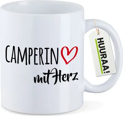 Produktbild von Huuraa Kaffeetasse Camperin mit Herz 330ml Weiß Keramik Kaffeebecher Geschenkidee
