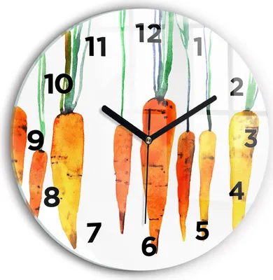 Produktbild von Wallfluent Wanduhr – Stilles Quarzuhrwerk - Uhr Dekoration Wohnzimmer Schlafzimmer Küche - Zifferblatt - schwarze Zeiger - 30 cm - Illustration von Karotten