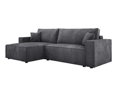 Produktbild von DOMO-HOME POSO XL Ecksofa Mit Schlaffunktion Und Bettwäschebox – Universell Montierbare Ottomane | Rechts/Links | 274x143x83cm | Strapazierfähiger Kordstoff | Grau | Poso