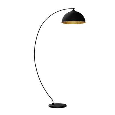 A black arc floor lamp with a gold interior lampshade is shown against a white background.
