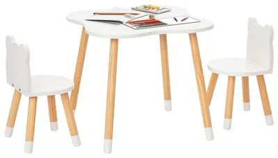 Produktbild von HOMCOM 3tlg. Kindertisch-Set Kindersitzgruppe MDF Kiefernholz Weiß+Naturholz