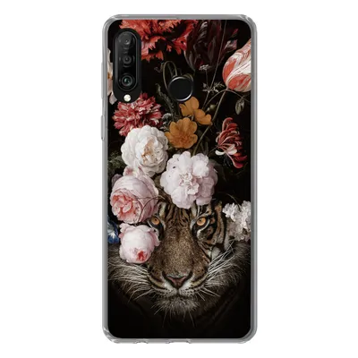 Produktbild von MuchoWow® Handyhülle Schutzhülle Hülle für Huawei P30 Lite Tiger - Blumen - Kunst Silikon Softcase Handy Hülle - Handyhülle
