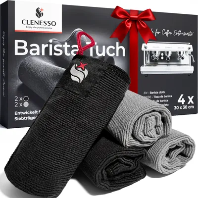Produktbild von CLENESSO Barista Tuch Set (4 St. 30 x 30 cm) – Hochwertige Mikrofaser Geschirrtücher für Siebträger & Haushalt – mit Schlaufe & Griff-Tasche