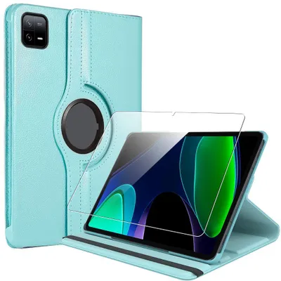 Image de Coque + Verre Trempé pour Xiaomi Pad 6 / 6 Pro 11 Pouces - Rotation 360° Cuir Synthétique Bleu
