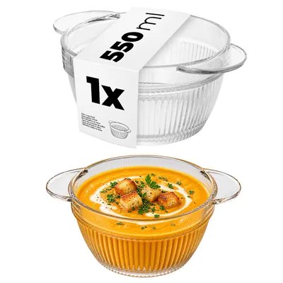 Productafbeelding van KADAX soepkom, 550 ml, 1 stuk, transparante kom voor soep, glazen soepbeker, soepkom, glazen kom met handgrepen, soepbord, vaatwasmachinebestendig