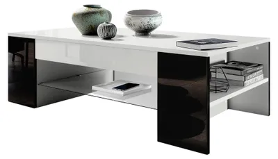 Produktbild von Couchtisch Clip, Wohnzimmertisch mit 2 Seitenfächern und 1 Glasplatte, Weiß matt/Schwarz Hochglanz (118 x 37 x 60 cm)