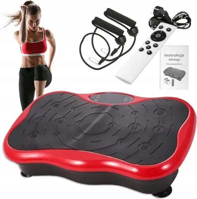 A woman is shown exercising next to a vibration platform, with accessories and instructions in the background.