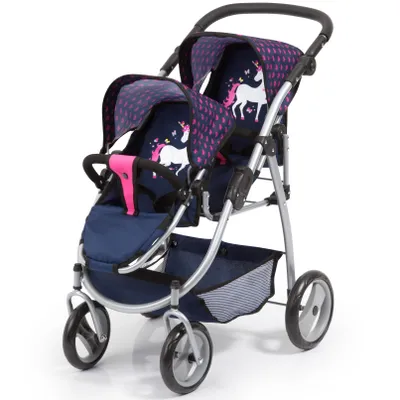 Image de Bayer Design 26554AA Landau jumeaux pour poupée, poussette double, réglable, poignée doux, panier intégré