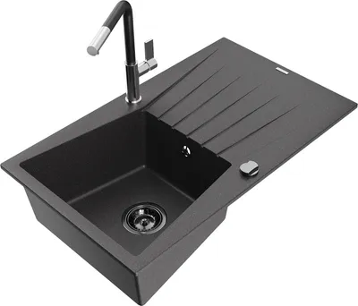 Produktbild von Mexen Cesar 1 Becken-Granitspüle mit Abtropffläche und Mischbatterie Flora, Schwarz gesprenkelt - 6514-76-670401-07-B
