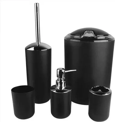 Productafbeelding van Set van 6 Badkameraccessoires - Tandenborstelhouder, Prullenbak, Toiletborstelhouder, Spoelbeker en Zeepdispenser - Zwart