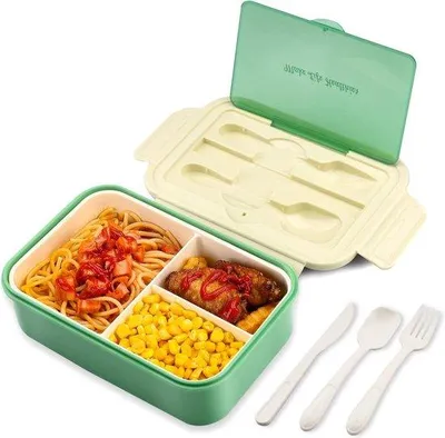 Produktbild von Unyqoos® Bento-Lunchbox – Brotdose mit 3 Fächern, Besteck, auslaufsicher, spülmaschinen- & mikrowellengeeignet für Schule, Arbeit, Picknick (grün)