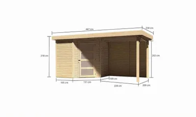 Zdjęcie produktu dla Szopa ogrodowa Schwandorf 5 terra szara w zestawie z przedłużanym dachem o szerokości 2,80 m i ścianą tylną 19 mm