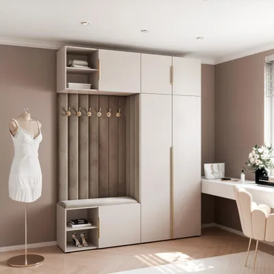 Image de Vestiaire Aria 4 190 cm Cachemire Rembourré Taupe Soft-Close Poignées Hexa dorées