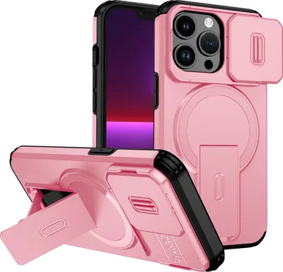 Image de Étui magnétique pour iPhone 13 Pro, étui durable double couche avec protection coulissante de l'appareil photo et support ajustable Rose