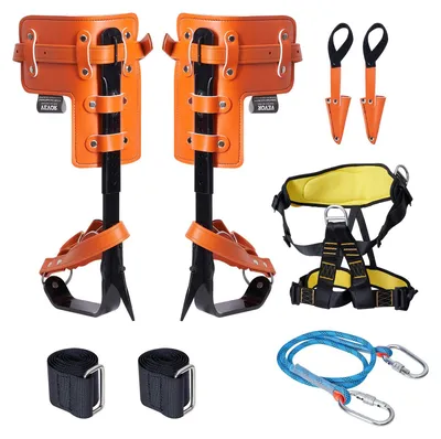 Produktbild von VEVOR Baumkletterspitzen Set, 1 Paar Legierung Stahl Klettersporen mit Sicherheitsseil und Sicherheitsgeschirr, 350lbs Tragfähigkeit Baumkletterausrüstung, Arboristenausrüstung für Kletterer, Obsternte, Orange, Leder Modell, Mit Sicherheitsseil