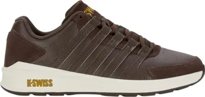 A side view of a brown K-Swiss sneaker against a white background.