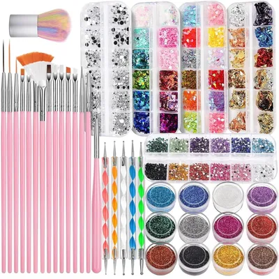 Produktbild von 38-teilig Strasssteine für Nägel - Nail Art Dekorationen - Diamant-Aufkleber - Strasssteine - Pinsel mit Punktierwerkzeugen - 12-Farben-Puder/5 Dosen