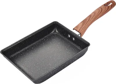 A rectangular frying pan with a speckled black interior and a wooden handle, presented against a white background.